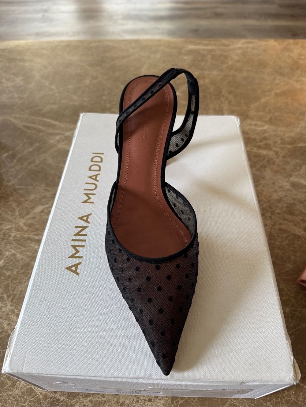 Amina Muaddi Holli lace Polka Dot Black Mesh Slingback Pointed Toe Pump